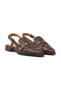 Brown patterned slingback shoes featuring a pointed toe, textured surface, and decorative straps with silver hardware accents. Flat heel design.