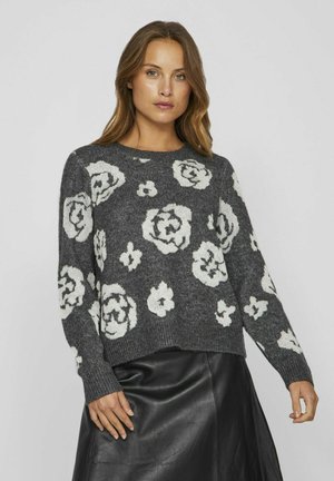 Grau gestrickter Pullover mit weißen Blumenmustern, rundem Ausschnitt, langen Ärmeln und einem lockeren Schnitt mit gerippten Bündchen und Saum.