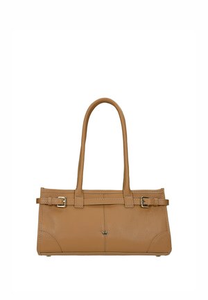 Handtasche aus cognacfarbenem Leder mit zwei langen Griffen, verstellbaren Schnallenriemen vorne und kleinem Metalllogo mittig unter den Griffen.