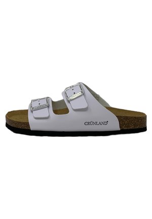 Sandali in sughero bianco con due cinturini regolabili e fibbie argentate. Presentano una soletta testurizzata e una suola in gomma nera. Logo GRÜNLAND visibile.