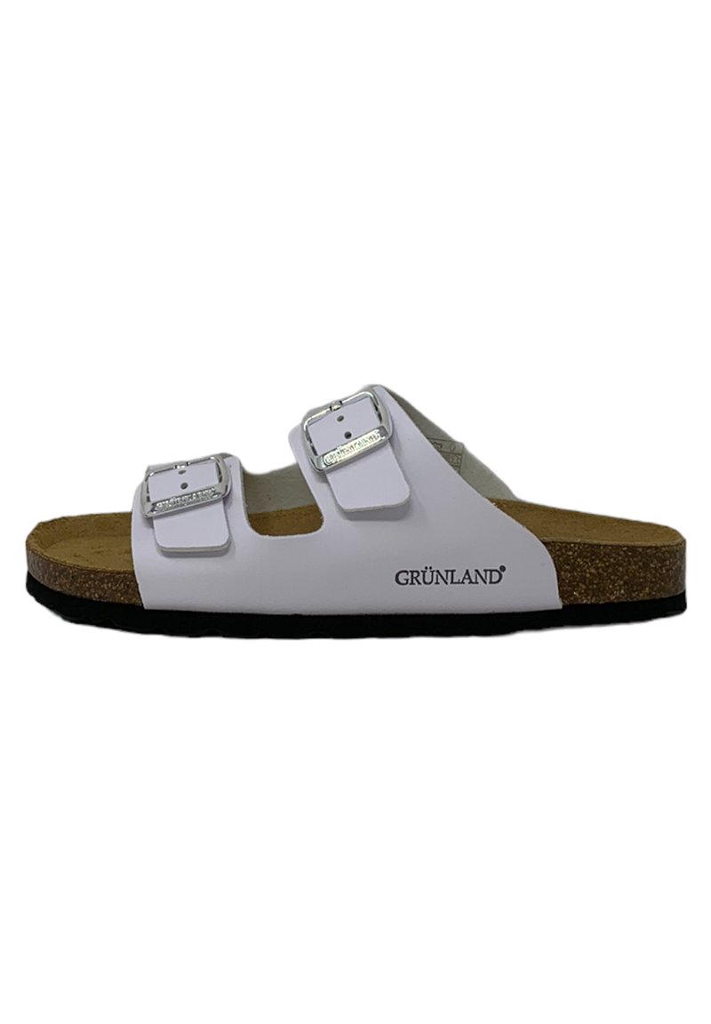 Sandali in sughero bianco con due cinturini regolabili e fibbie argentate. Presentano una soletta testurizzata e una suola in gomma nera. Logo GRÜNLAND visibile.