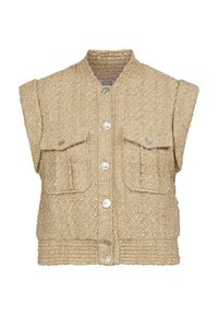 Beige vævet vest med et tekstureret stof, ærmeløs design, to brystlommer og sølvknaplukninger foran.