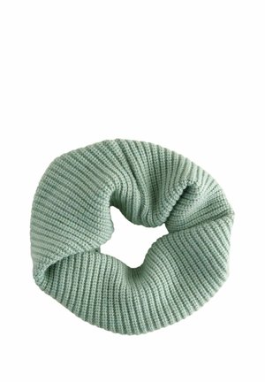 Knitted infinity scarf in light mint green, featuring a ribbed texture and seamless design for comfort and warmth.