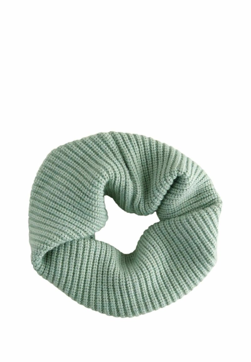 Gestrickter Infinity-Schal in hellem Mintgrün mit strukturiertem Rippendesign und nahtloser Ausführung für Komfort und Wärme.