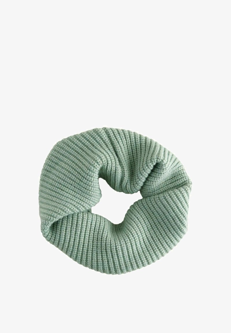 Gestrickter Infinity-Schal in hellem Mintgrün mit strukturiertem Rippendesign und nahtloser Ausführung für Komfort und Wärme.