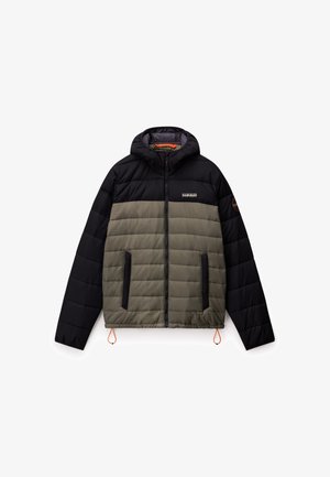 Gepolsterte Kapuzenjacke mit schwarzen Ärmeln und olivgrünem Körper, Reißverschluss vorne, zwei seitlichen Taschen und verstellbarem Kordelzugsaum.