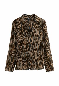 Chemise boutonnée beige et noire avec un motif de rayures de tigre, à manches longues, col, et coupe décontractée en tissu léger.