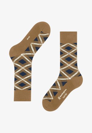 Braune Socken mit einem geometrischen Muster aus marineblauen und cremefarbenen Rauten, aus weichem Stoff gefertigt, für Komfort und Langlebigkeit entworfen.