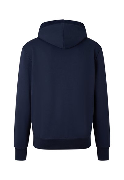 Tmavě modrá mikina s kapucí, hladkou texturou, dlouhými rukávy a žebrovanými manžetami. Má jednoduchý, nenápadný zadní design.