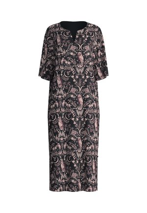 Schwarzes Kleid mit pinkem und weißem Eulen- und Blumenmuster. Lockerer Schnitt, V-Ausschnitt und kurze Ärmel. Mittellang, leichter Stoff.