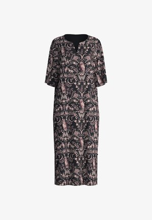 Black dress with pink and white owl and floral pattern. Loose fit, V-neck, and short sleeves. Mid-length, lightweight fabric.