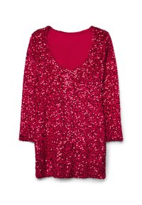 Rotes Langarmshirt, das mit glänzenden Pailletten bedeckt ist und einen rundem Ausschnitt hat, auf einem weißen Hintergrund präsentiert.