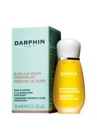 Bouteille en verre jaune avec un bouchon rond blanc, comportant un bandeau argenté. Accompagnée d'une boîte vert menthe contenant du texte en plusieurs langues.