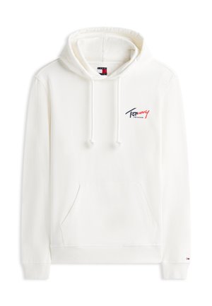 Hvid hættetrøje med frontlomme, snøre i hætten og lille "Tommy Jeans"-logo i rød og blå på bryst og håndled.