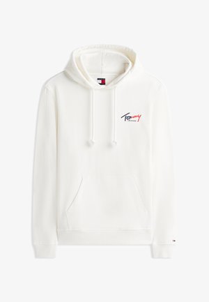 Hvid hættetrøje med frontlomme, snøre i hætten og lille "Tommy Jeans"-logo i rød og blå på bryst og håndled.