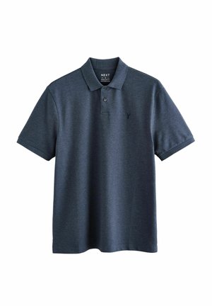 Navyblauwe polo met korte mouwen, gemaakt van textuurstof, met een twee-knops sluiting en een subtiel logo op de linkerbovenkant van de borst.