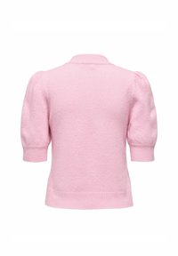 Pull en tricot rose avec des manches courtes bouffantes et un col rond. Caractéristiques d'une finition texturée et d'un ourlet et de poignets côtelés.