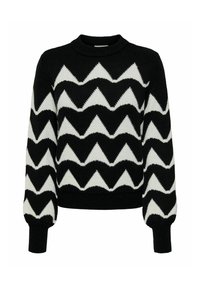 Maglione a righe zigzag bianco e nero con scollo rotondo, polsini a coste e finitura a maglia testurizzata.