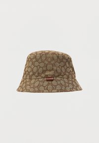 Brown bucket hat with a textured pattern of overlapping circles. Features a solid band and a logo accent on the side.