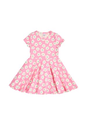 Pink short-sleeve dress with white and teal flower patterns, fitted bodice, and flared skirt, designed for young children.