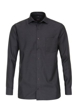 Langärmliges, dunkelgraues Hemd mit Knöpfen und einer strukturierten Musterung, weißem Kragen und einer Brusttasche. Hat braune Knöpfe entlang der Vorderseite.
