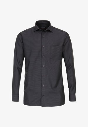 Langärmliges, dunkelgraues Hemd mit Knöpfen und einer strukturierten Musterung, weißem Kragen und einer Brusttasche. Hat braune Knöpfe entlang der Vorderseite.