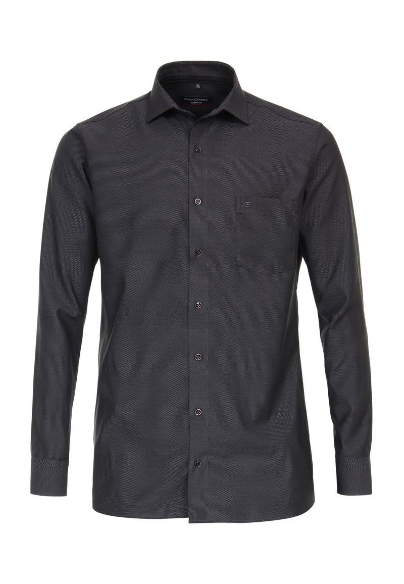 Langärmliges, dunkelgraues Hemd mit Knöpfen und einer strukturierten Musterung, weißem Kragen und einer Brusttasche. Hat braune Knöpfe entlang der Vorderseite.