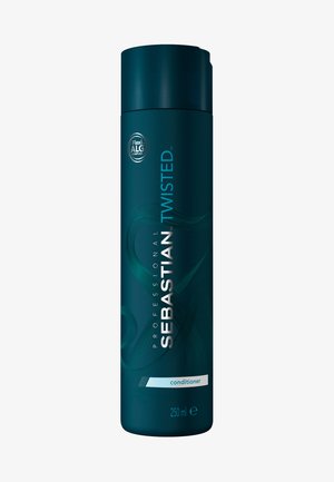 Après-shampooing Sebastian Twisted dans une bouteille en plastique vert foncé, avec un capuchon noir et des accents argentés, étiqueté avec les détails du produit et le volume.