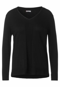 Czarny sweter z dekoltem w serek i długimi rękawami, z prążkowanym centralnym panelem i gładką strukturą. Standardowy krój z prostym dołem.