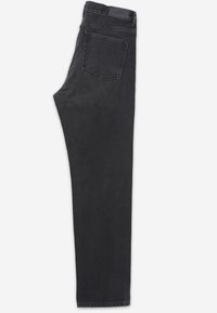 Jeans de mezclilla negros con un diseño de pierna recta, estilo clásico de cinco bolsillos y una textura suave. La cintura es ligeramente elástica.