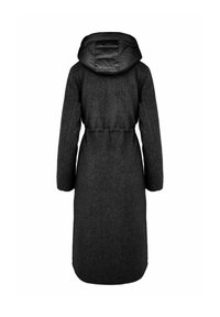 Manteau long gris foncé en tissu de laine texturé, avec une capuche gonflée noire, une taille cintrée et des manches longues. Vue de dos montrant des lignes lisses.