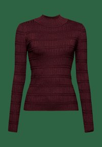 Pull bordeaux ajusté à manches longues en maille côtelée avec des rayures texturées horizontales et verticales et un col montant.