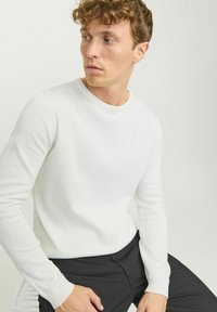 Witte lange mouwen crewneck trui van glad gebreid materiaal, met geribde manchetten. Gepaard met donkere broek. Minimalistisch ontwerp.