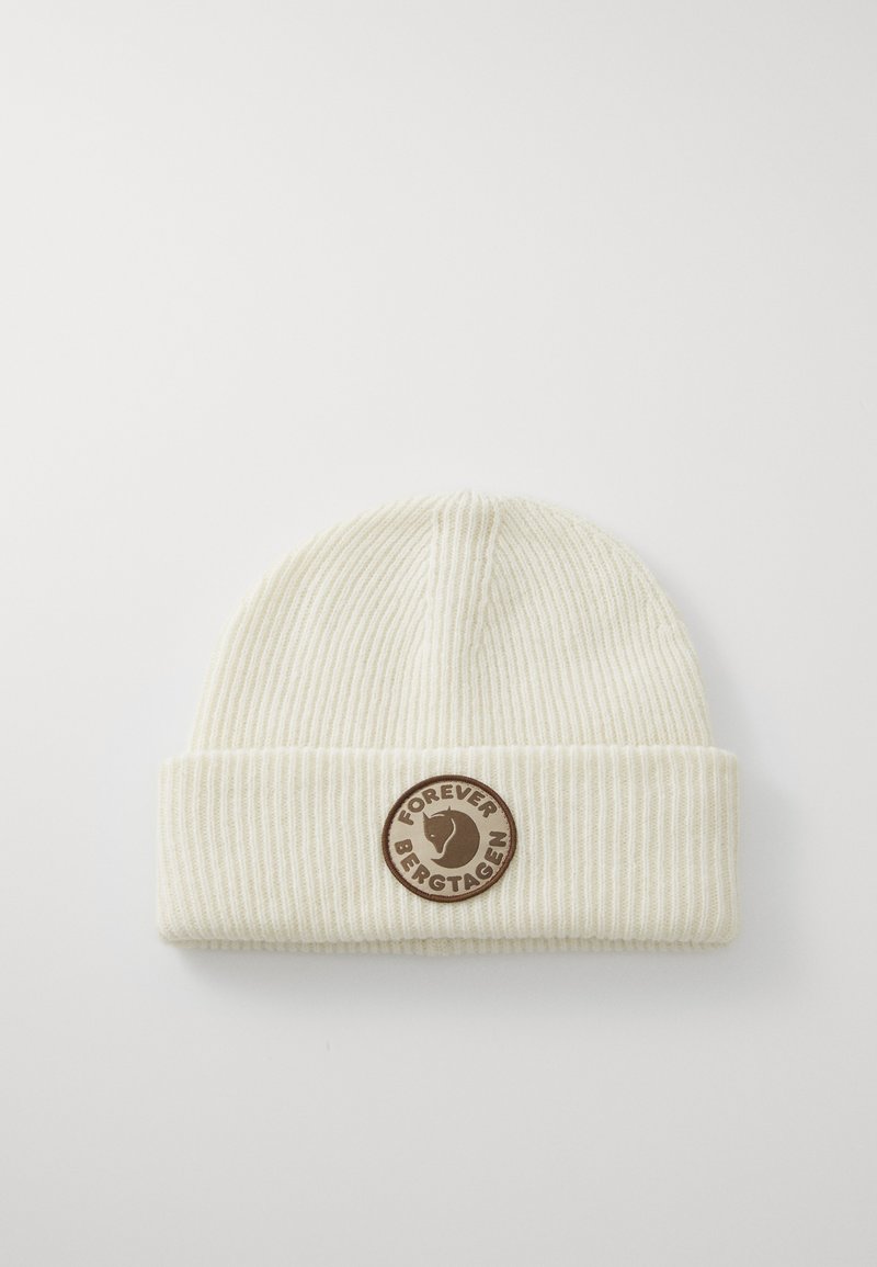 Off-white ribbed knit beanie with folded brim featuring a round brown patch logo with a fox head and "Forever Bergtagen" text.