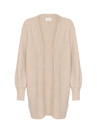 Béžový oversized kardigan s jemnou texturou, otevřeným předním dílem a balónovými rukávy. Obsahuje žebrované manžety a minimalistický design.