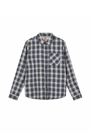 Chemise à manches longues avec boutonnière, motif à carreaux bleu et blanc, et poche poitrine, posée à plat sur fond blanc.