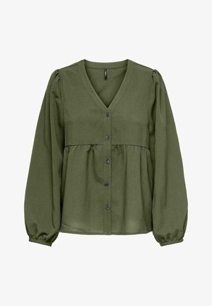 Olivgrüne Bluse mit V-Ausschnitt, langen Puffärmeln und durchgehender Knopfleiste. Sie hat einen gerafften Bund und eine weiche Stoffstruktur.