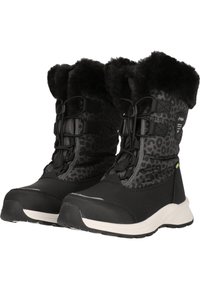 Schwarze wasserdichte Winterstiefel mit synthetischem Futter, ausgestattet mit einem Leopardenmuster, Schnürverschluss und einer robusten Gummisohle.