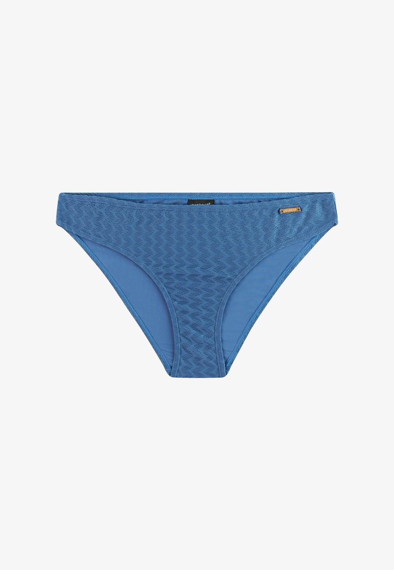 Blauwe bikinibroek met textuur, mesh zijpanelen en een klein gouden merkembleem aan de rechterkant.