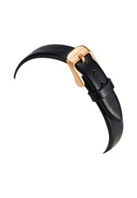 Correa de reloj de cuero negro con hebilla dorada grabada con "Victoria Hyde," que muestra múltiples orificios de ajuste y una presilla para la correa.