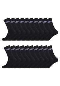 Paquet de 12 chaussettes en coton noires avec des poignets côtelés, arborant un logo blanc sur la partie supérieure. Longueur standard de type mi-mollet, texture lisse.