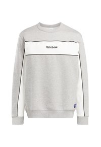Sweat-shirt gris avec une bande horizontale blanche, bordure noire et logo "Reebok". Encolure et poignets côtelés ; texture douce.