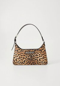 Small handbag with leopard print pattern and black shoulder strap, featuring a silver "HUGO" logo plaque on the front.
