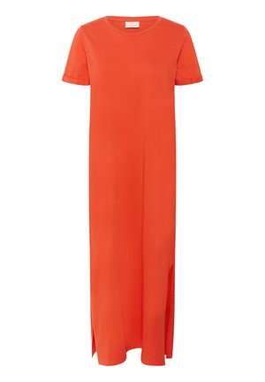 Maxikleid aus leuchtend orangefarbenem Stoff, mit kurzen Ärmeln, Rundhalsausschnitt und seitlichen Schlitzen für Bewegungsfreiheit, in einer glatten, leichten Textur.