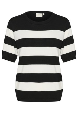 Stripete kortermet genser i svart og hvitt med rund hals og ribbede mansjetter. Laget av mykt, lett stoff.