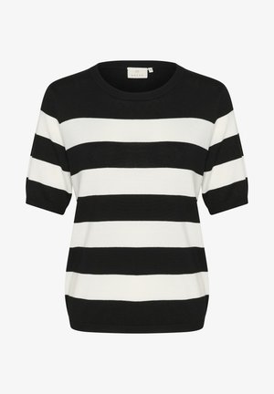 Mustri musta ja valge lühikeste varrukatega kootud topp ümmarguse kaelusega ja soonikute otstega. Valmistatud pehmest ja kergekaalulisest kangast.