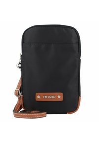 Schwarze Nylon-Umhängetasche mit Reißverschluss, braunen Lederakzenten und einem Markenlogo-Patch. Verfügt über einen strukturierten Trageriemen für komfortables Tragen.