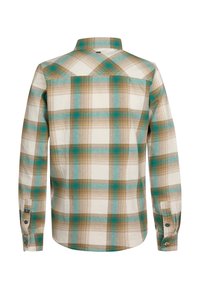 Hemd s dlouhým rukávem v kostkovaném designu s béžovou, hnědou a tyrkysovou barevnou kombinací; zapínání na knoflíky s klasickým límcem a manžetami.