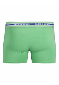 Boxeri scurți verzi din bumbac, cu un tiv contrastant albastru și alb cu brandul "JACK & JONES". Textură netedă, design ajustat, lungime scurtă a picioarelor.