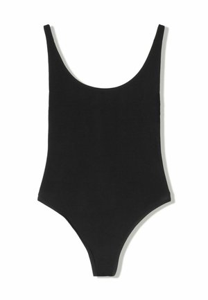 Maillot de bain une pièce noir avec un décolleté arrondi, design sans coutures et ouvertures de jambes haute coupe, fabriqué dans un tissu lisse et texturé.
